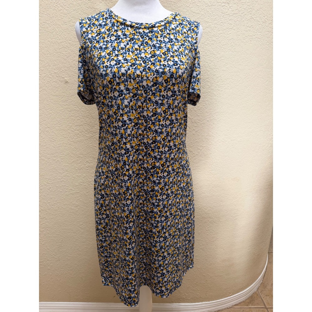 Michael Michael Kors Blue Yellow Floral Cold Shoulder Sheath Dress Womens Medium